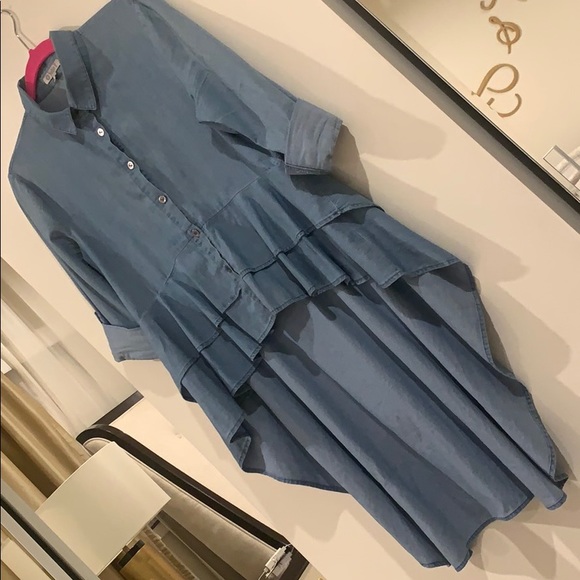 Ruffled high-low chambray tunic shirt - Picture 2 of 4